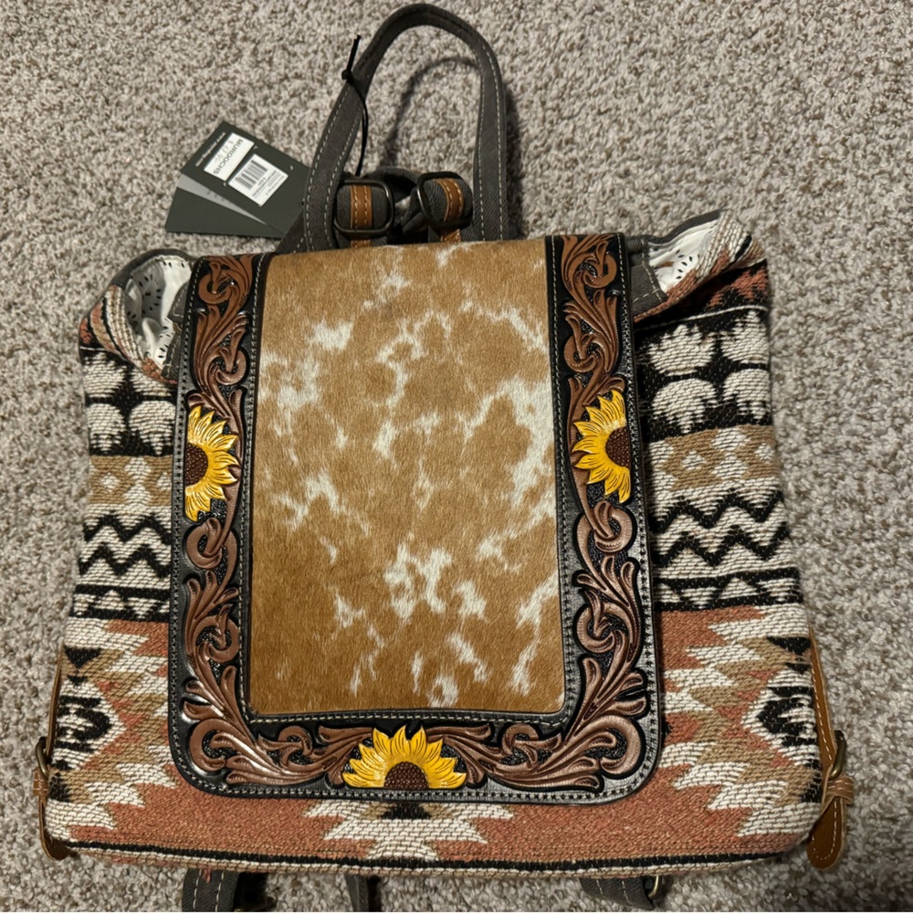 NWT Myra Brown Leather/Cowhide Backpack Purse with Sunflower Embellishments